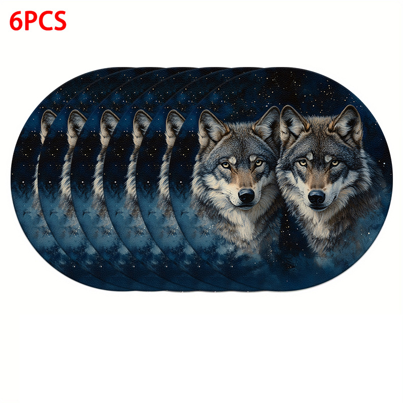 TEMU Of 4 Or 6 Placemats Featuring Twin Wolves Against A Starry Night, Perfect For Home Decoration And Practical Use