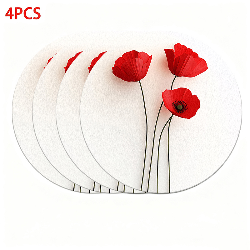 Image of 4pcs Red Poppy Flower Placemats Suitable For Home Dining Table, Kitchen Decor, Restaurant Tableware - Hand Washable Table Protectors With Minimalist, For Daily Use & Decoration, 2d Flat