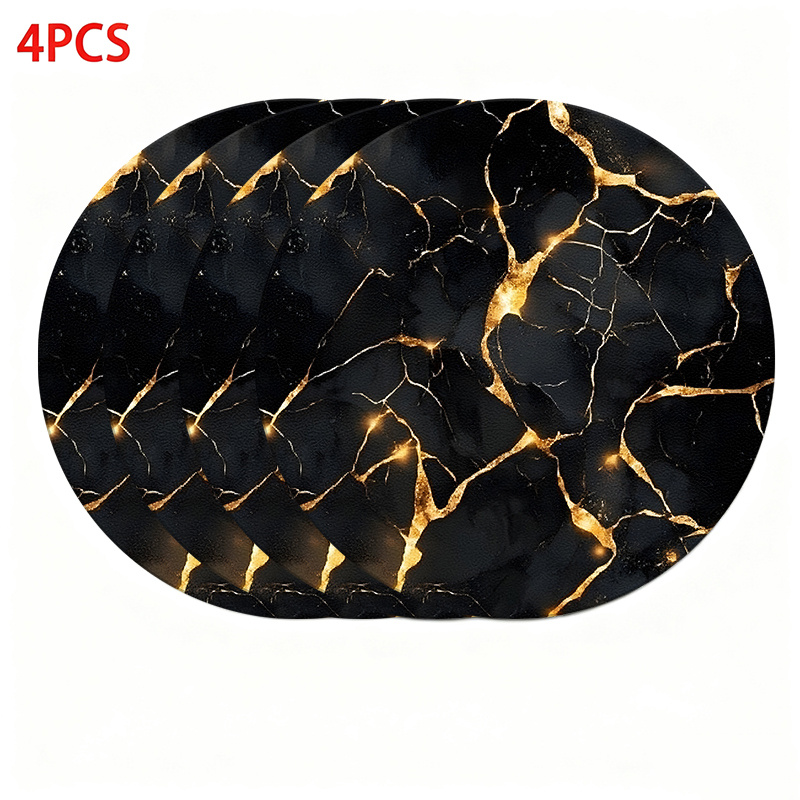 Image of 2d Flat 4pcs 4 Black Golden Cracked Marble Texture 2d Print Tablecloth Pad, Tableware Pad Decoration, Coffee Table Kitchenware, Party Decoration, 2d Flat