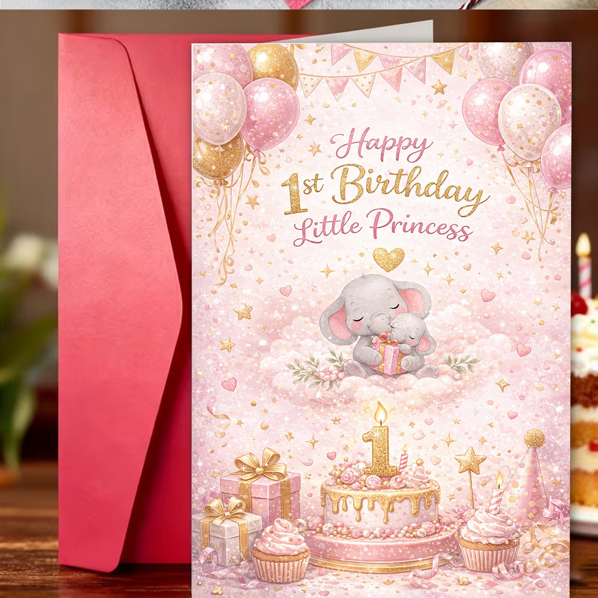 TEMU A Birthday Card Featuring , A Cake, And Balloons That Says 'happy First Birthday.' Perfect For Family Or , This Card Showcases A Pastel