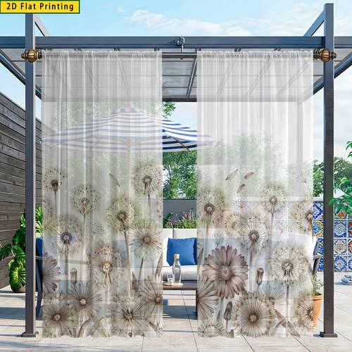 artikel foto 2 stuks 2d platte bedrukking semi-transparante raamgordijnen geschikt voor keuken, café, balkon - jaloezieën met doorzichtige ringen, moderne minimalistische paardenbloem bloemenprint, machinewasbaar voor alle seizoenen, 2d plat