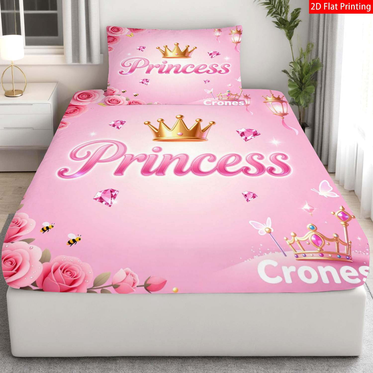 TEMU Parure de lit 2/3 pièces avec drap-housse à impression 2D à plat, style princesse, thème de , couleur rose, impression couronne et rose avec