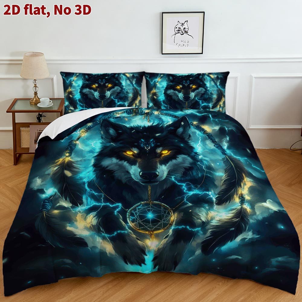 Image of Cotton 2d Flat Mystical Wolf Duvet Cover Set With 1 Quilt Cover And 1 Pillowcases, Perfect For A Comfortable And Breathable Bedding Experience And Summer, Suitable For King Or Queen Beds
