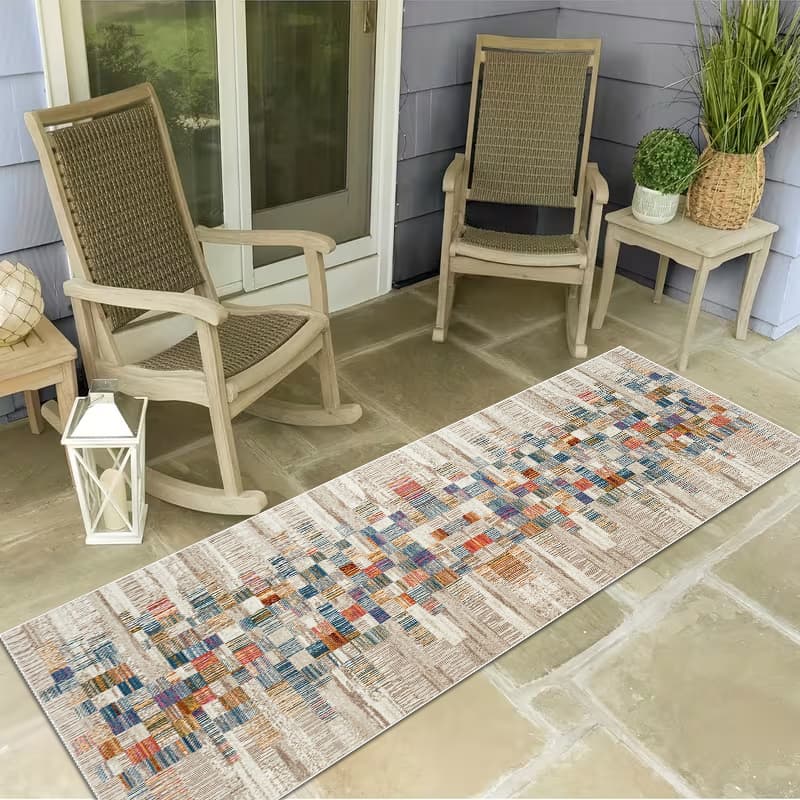 TEMU 1pc High-definition Digital Printing Easy Multicolor Color Block Long Strip Printed Carpet, Spring And Summer Outdoor Garden Long Strip Carpet,
