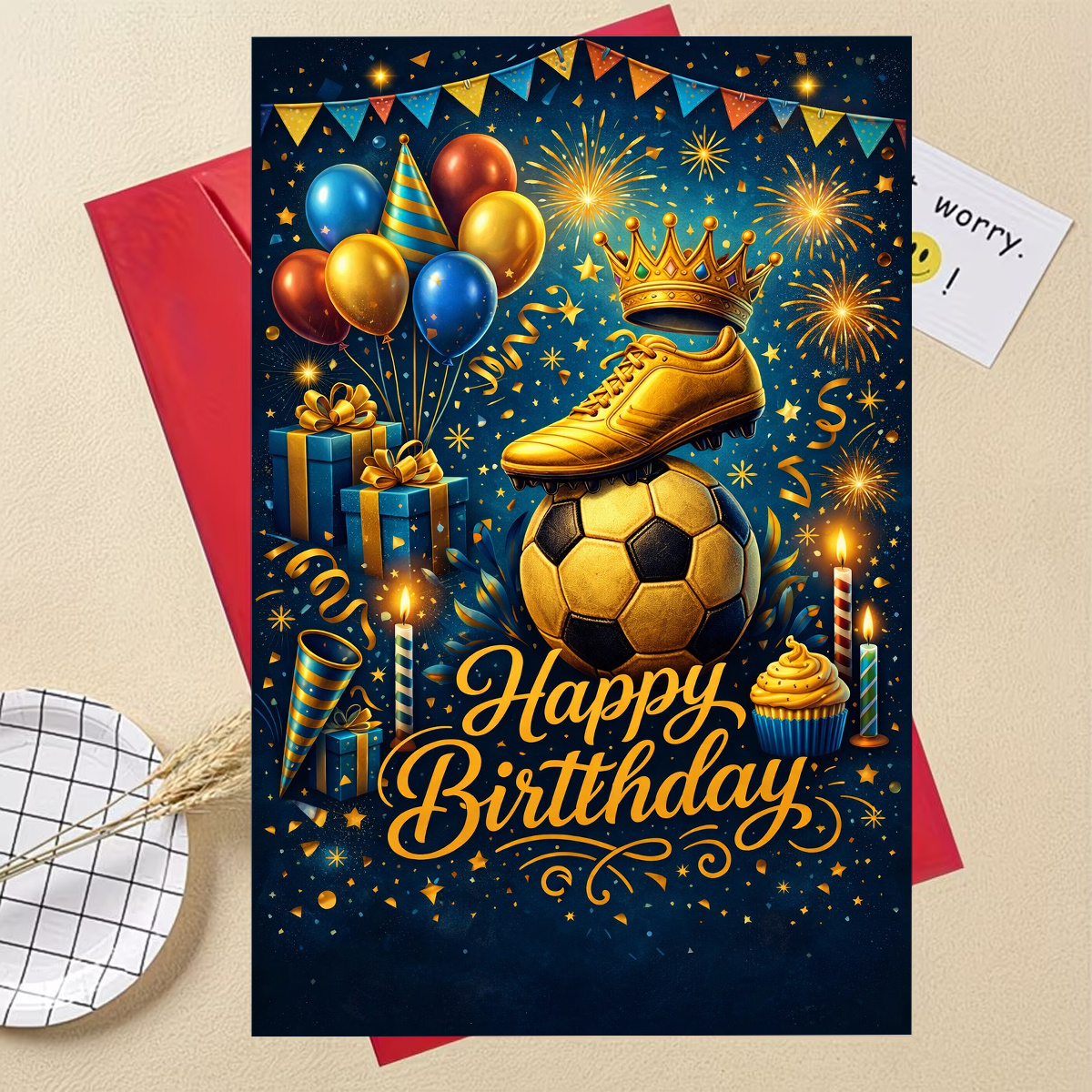 TEMU 1pc Vibrant Birthday Greeting Card, Featuring A Soccer Ball, Crown, Shoes, Balloons, Gifts, Candles, And Fireworks. "goal- Celebration," Perfect