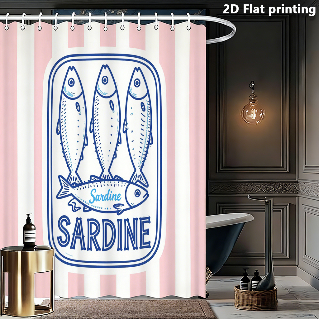 TEMU 2d Flat, 1pc Striped Sardine Fish Curtain Shower Panel - Blue Bathroom Window Treatment Suitable For Bathrooms, Kitchens, Nurseries,