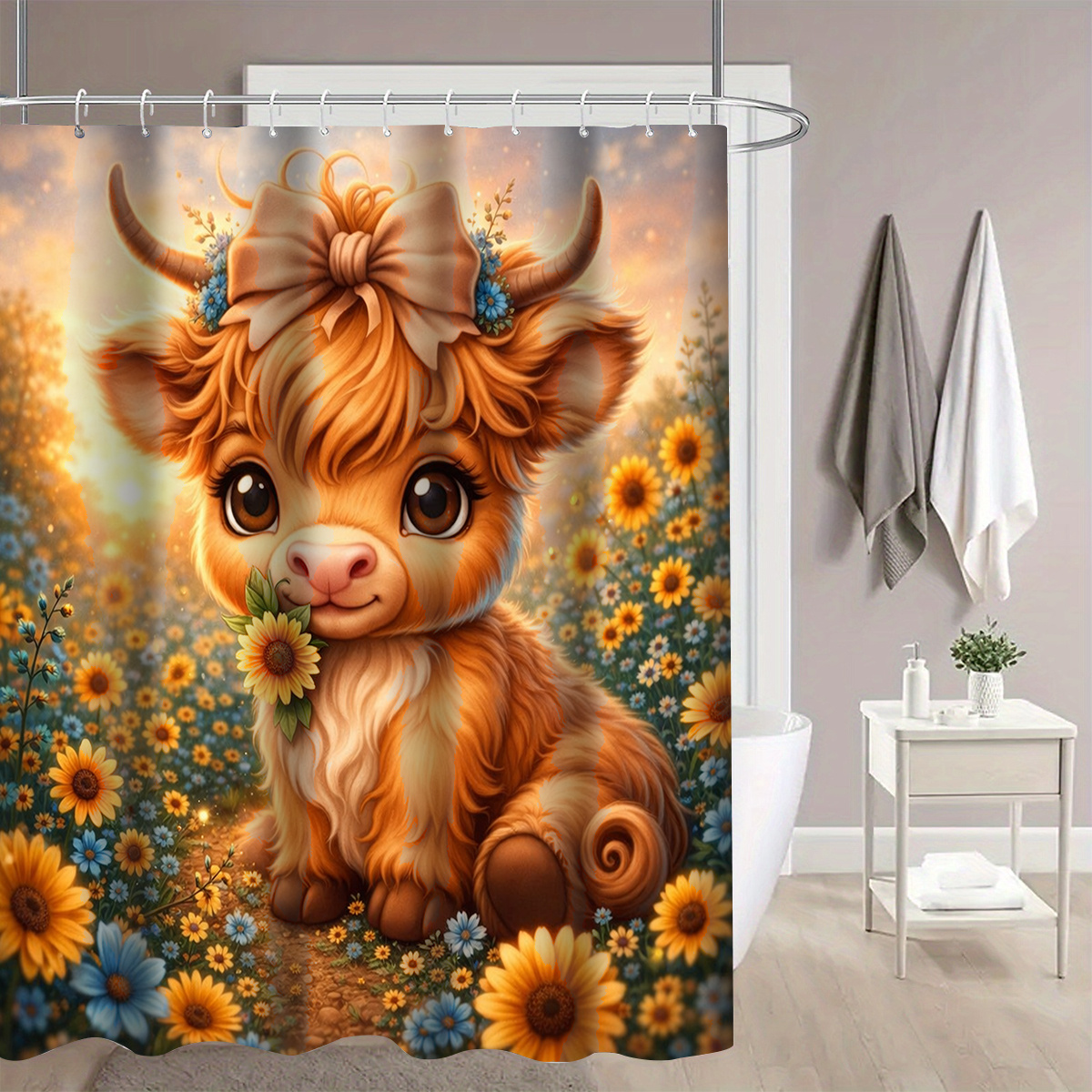 TEMU 1pc Adorable Highland Cow With Sunflowers Shower Curtain, Bathroom Decor, Options (120x180cm, 150x180cm, 180x180cm, 180x200cm, 200x240cm),