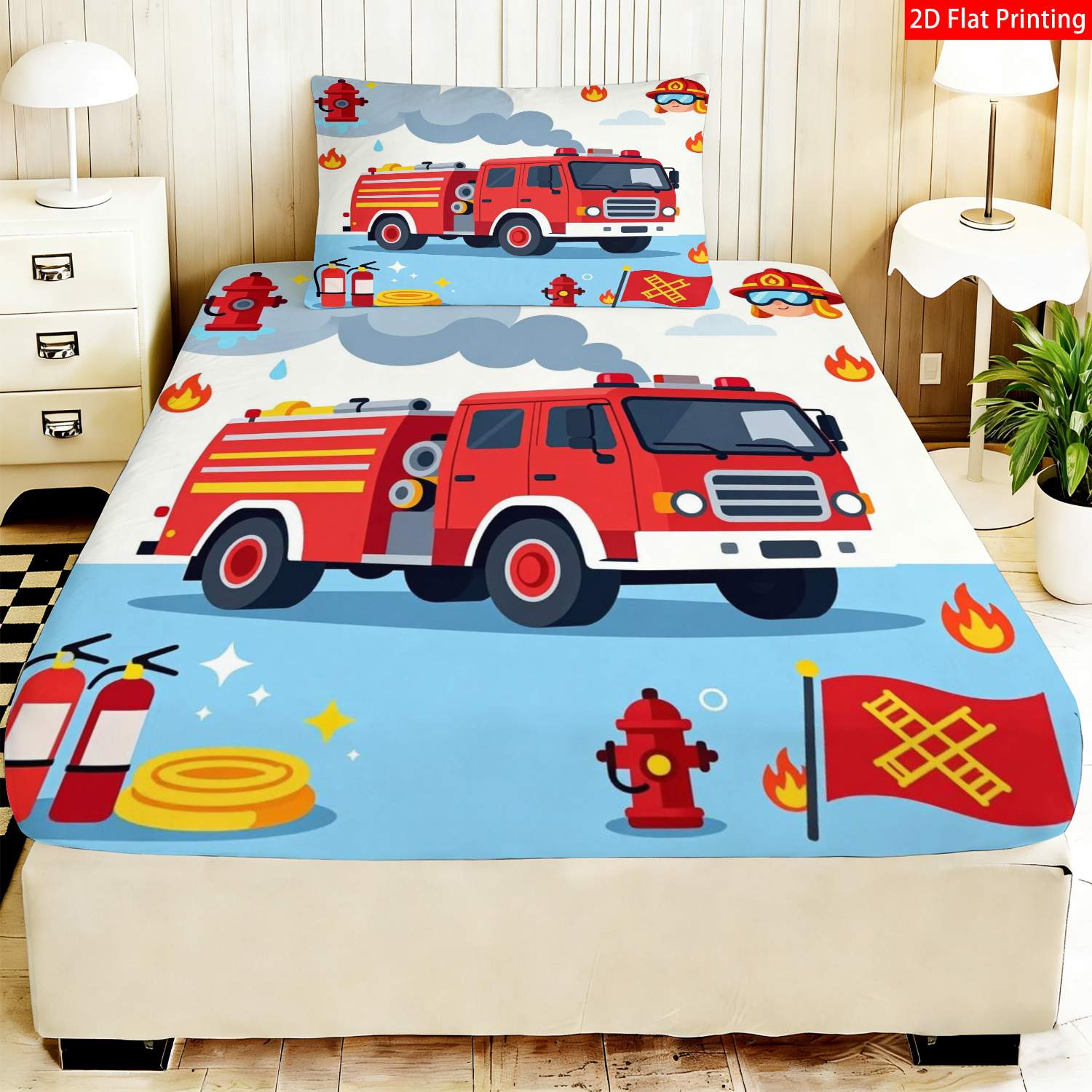 TEMU Parure de lit 2/3 pièces avec drap-housse à impression 2D à plat, style dessin moderne, thème , rouge et jaune, impression camion de