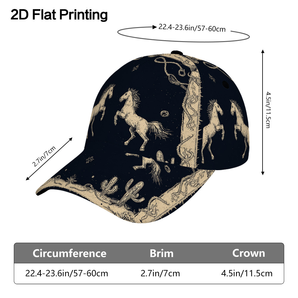 TEMU 1pc Of A Two-dimensional Flat Print Featuring Wild West Horses, This Classic Baseball Is Adjustable With A Duckbill Style. It's Lightweight And