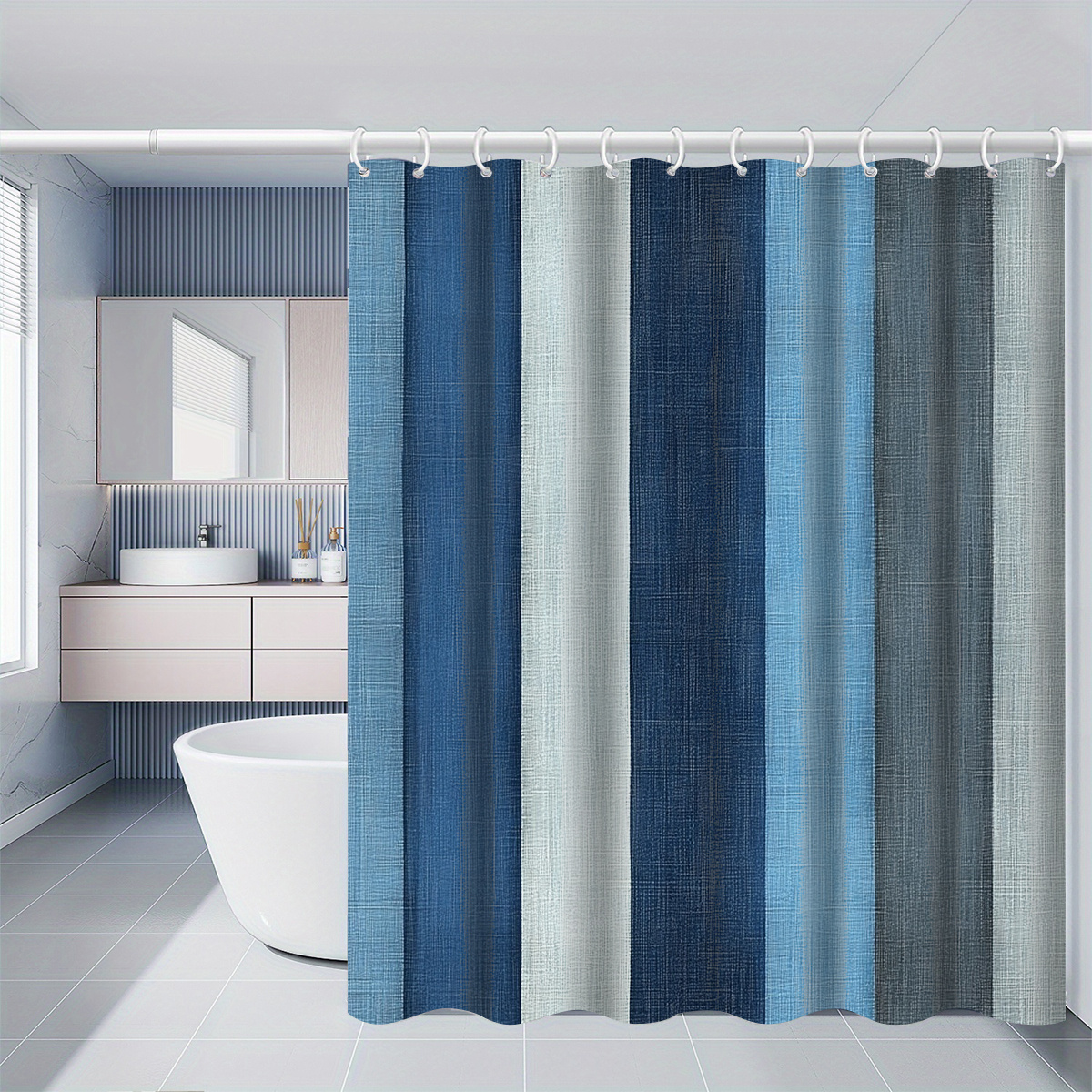 TEMU 1pc A Blue-gray Striped Shower Curtain, Suitable For Bathroom Decoration, In Sizes (120x180cm, 150x180cm, 180x180cm, 180x200cm, 200x240cm), With