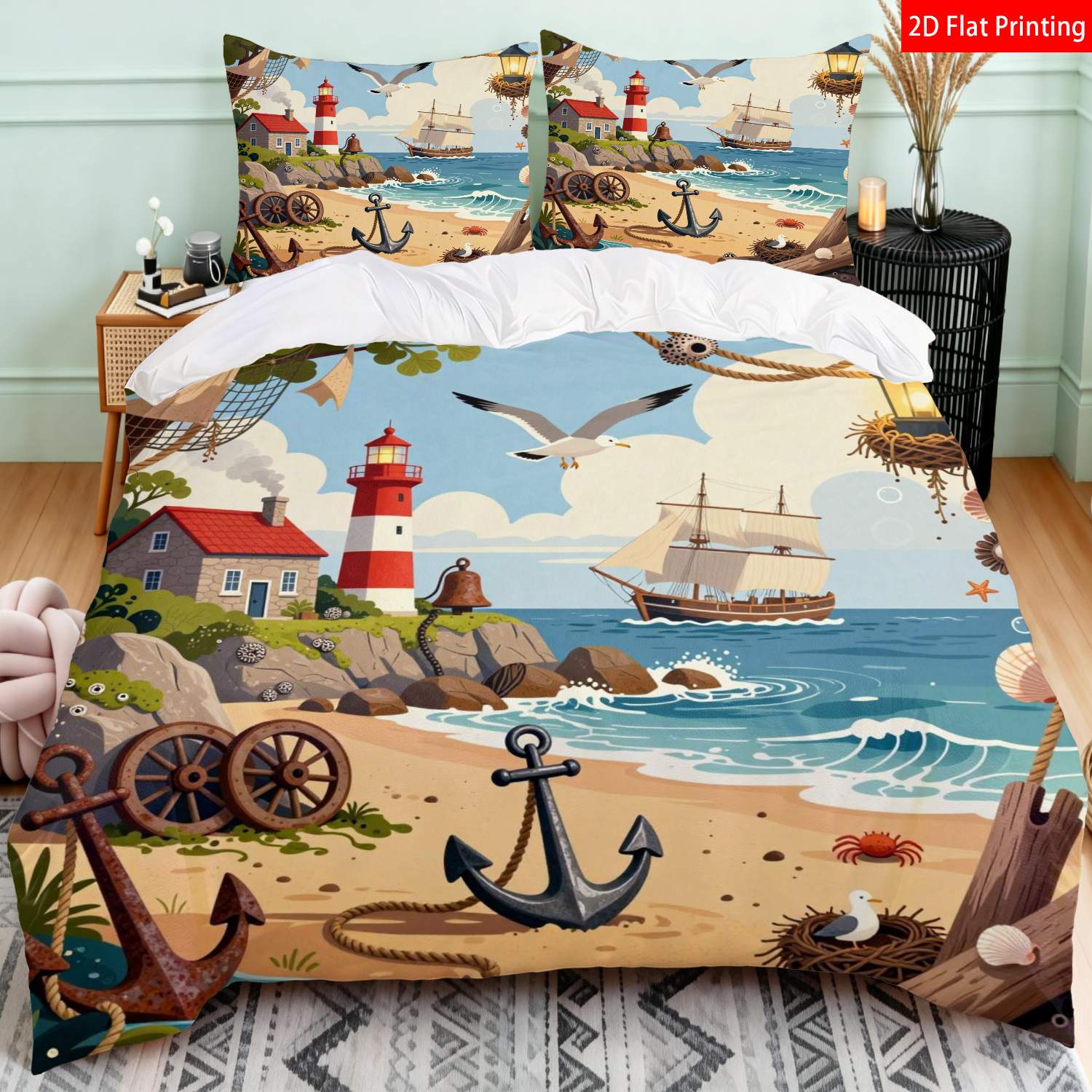 TEMU 2/3pcs 2d Flat Printing Nautical Themed Quilt Cover Bedding, , Lighthouse, Ship, Anchor & Seagull Print, Suitable For Bedroom, & Coastal