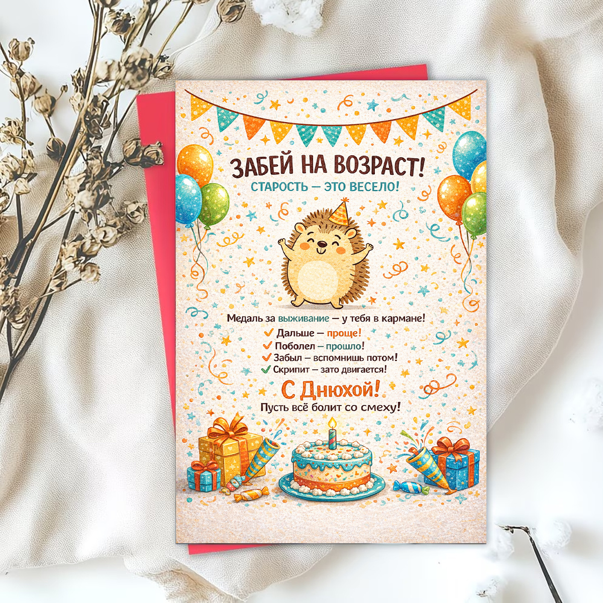 E-shop 1 Fröhliche Geburtstagskarte mit niedlichem Igel, Luftballons Kuchen – Motto: „Vergiss das Alter .“ für Freunde oder Kollegen, ideal für