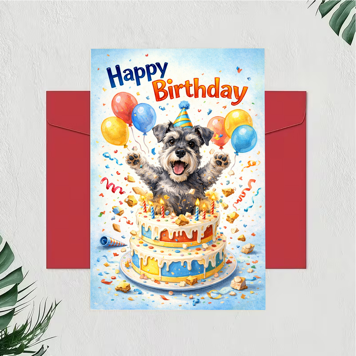 TEMU A Single Birthday Card Featuring An Adorable Schnauzer From A Cake, Surrounded By Balloons And Confetti, With 'make A Paw-some Wish'. Ideal For