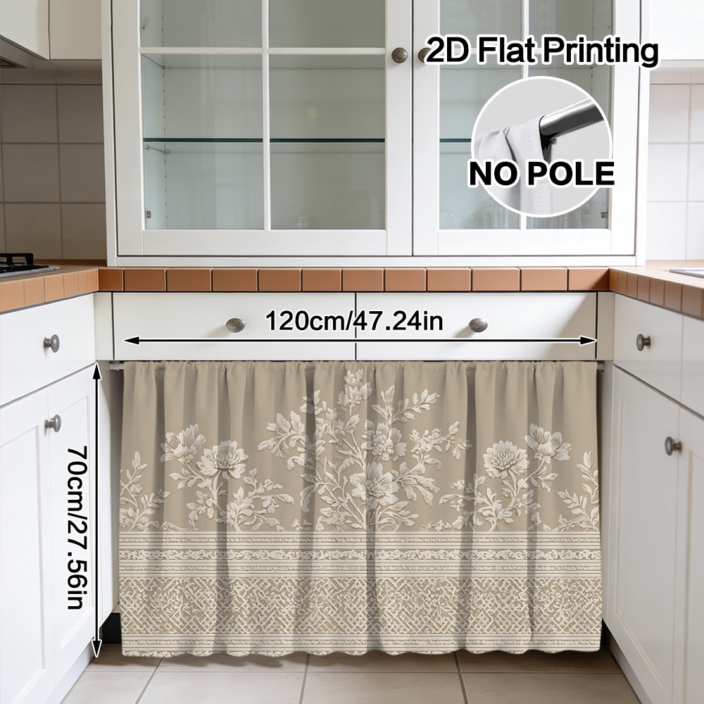 TEMU 2d Flat, No Drill Semi-sheer Kitchen Cabinet Short Curtain With Rod - Cordless Suitable For, Doors, Panels, Machine Washable Polyester Panel