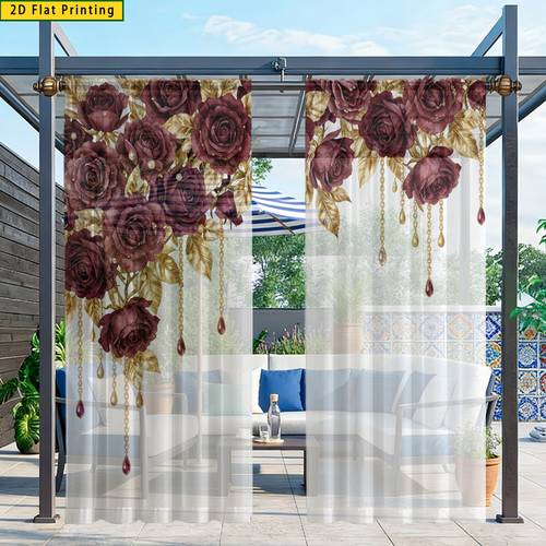 2pcs 2d flat printing clustered deep wine red roses golden branches ruby drops on white background luxurious border print decorative window summer outdoor decorative curtains flowing curtains suitable for kitchen cafe dining room