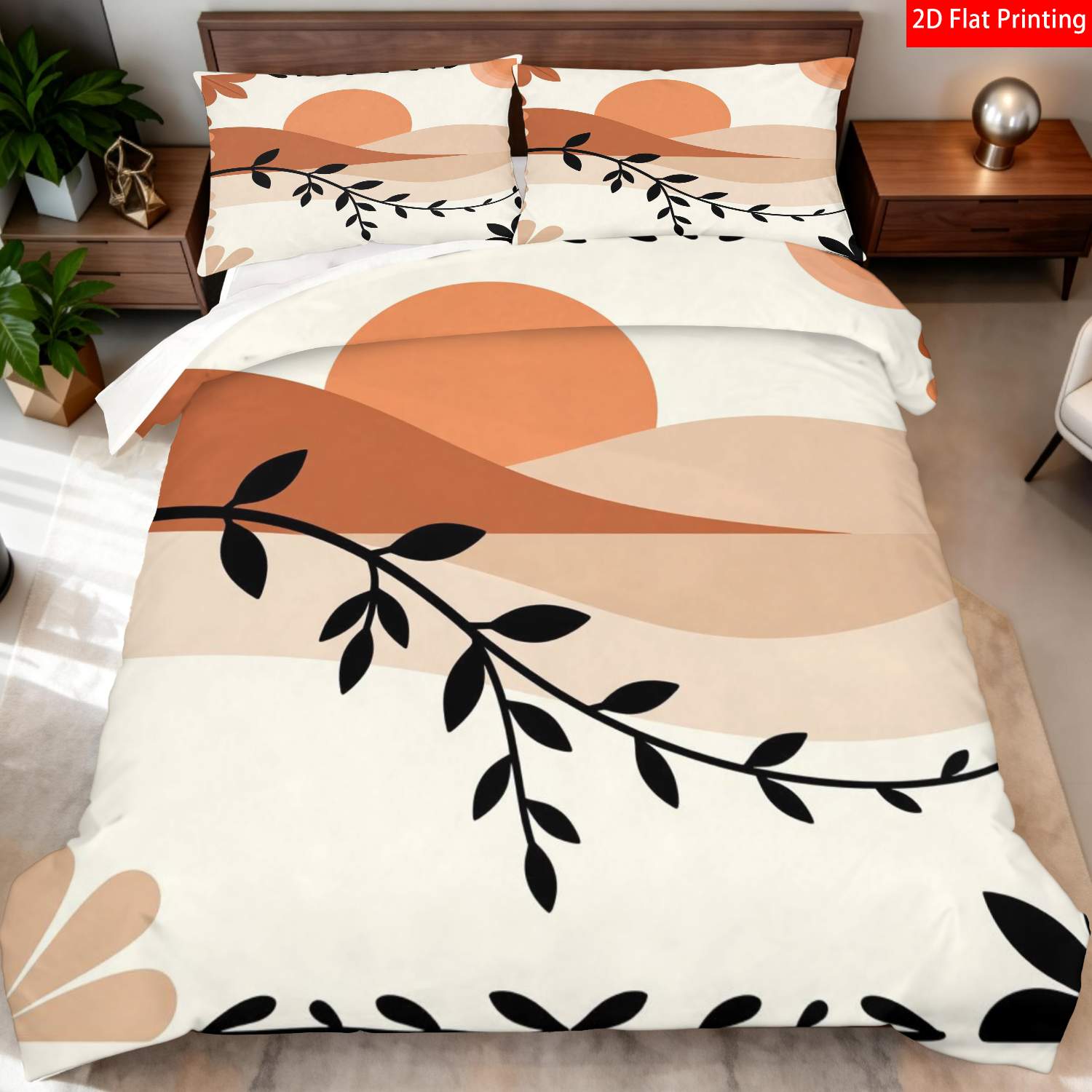 TEMU Ensemble de literie 2/3 pièces avec imprimé plat 2D moderne bohème de , motif de feuilles et branches orange cuite beige et noir, idéal pour