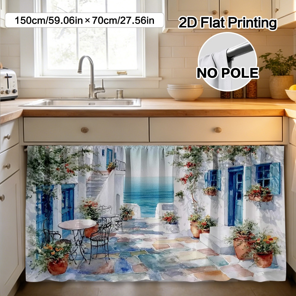 TEMU 2d Flat, (2d Flat) 1pc Greek Seaside Courtyard Curtain & Cabinet Decor - Polyester Material Easy To Clean, Rod For , Living Room Study Laundry