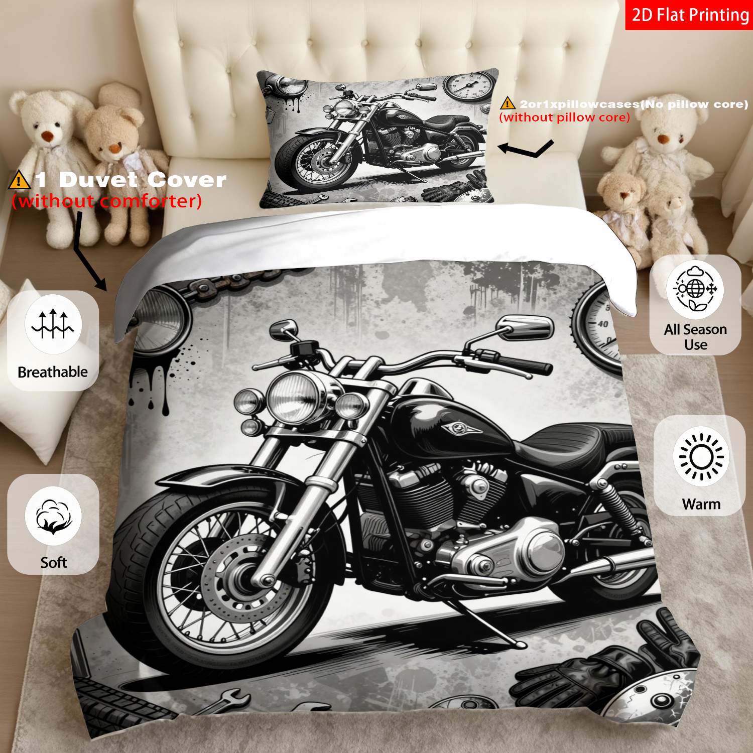 TEMU 2/3pcs 2d Flat Printing Modern Street Style Motorcycle Theme Quilt Cover Bedding Black White Monochrome Vintage Motorbike Parts Print Pattern
