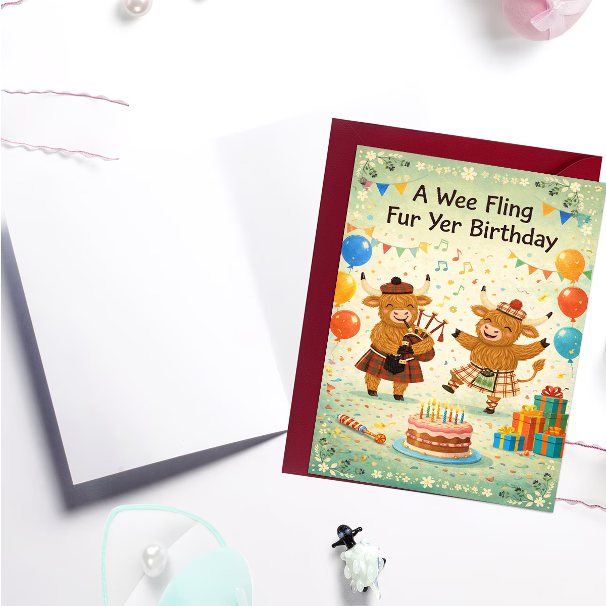 TEMU A Single Birthday Card Featuring 2 Highland Cows In Tartan, Dancing And Playing With 'a Wee For Your Birthday'. Or Family, This Scottish-themed