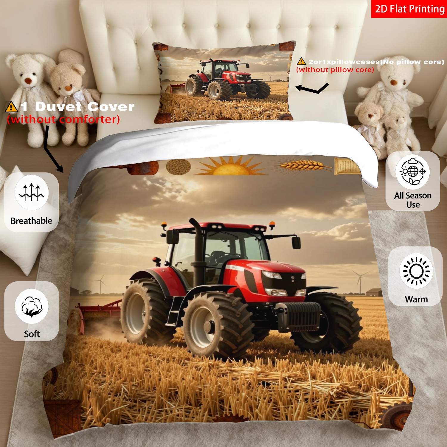 TEMU 2/3pcs 2d Flat Printing Tractor Quilt Cover Bedding Red & Yellow Wheat Field Print With Agricultural Elements Suitable For Occasions(1*duvet