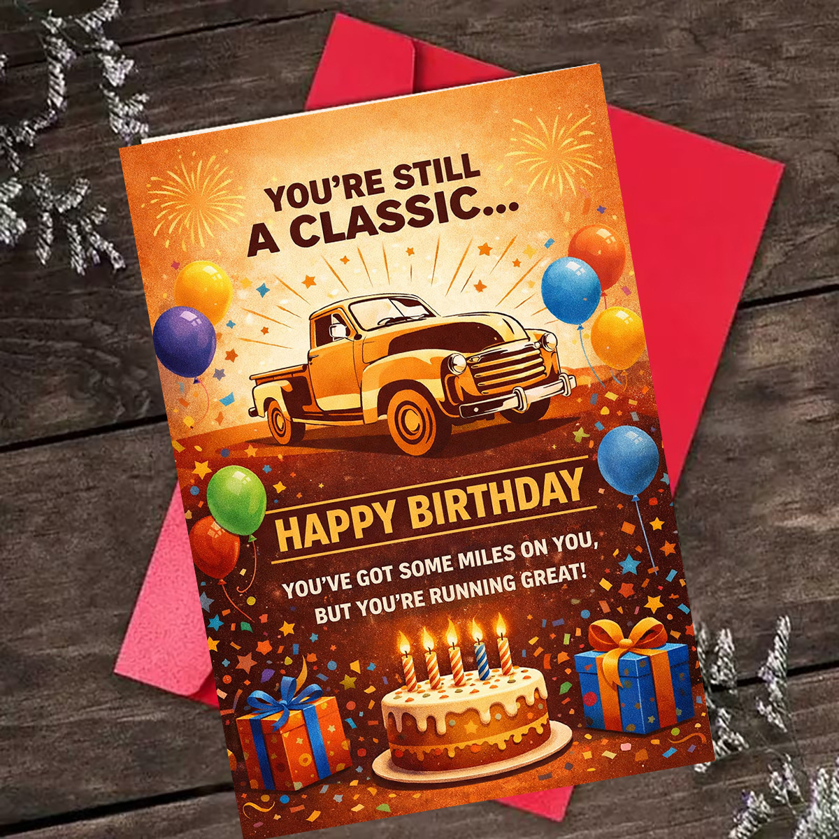 TEMU 1pc Vintage Birthday Card Featuring An Old Pickup Truck With Balloons And A Cake, Stating 'you Are Still '. Car Enthusiasts And Adults, This