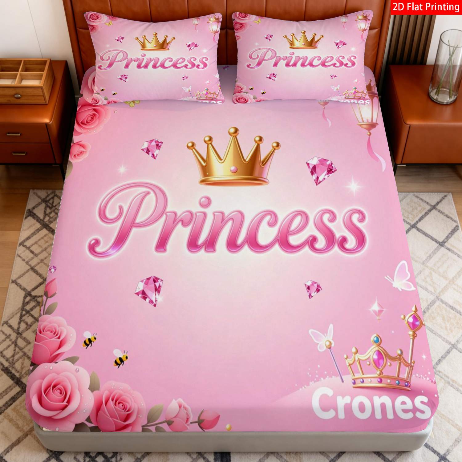 TEMU 2/3pcs 2d Flat Printing Fitted Sheet, , Fairy Tale Theme Bedding, , Crown & Rose Print With 