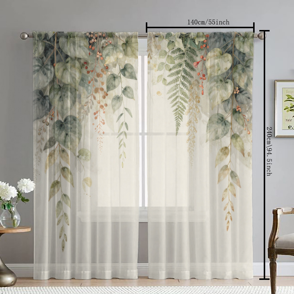 TEMU 2pcs Watercolor Hanging Green Plant Berry Light Background Decor Sheer Curtains, Simple Artistic Style Flowing Sheer Curtains, Suitable For