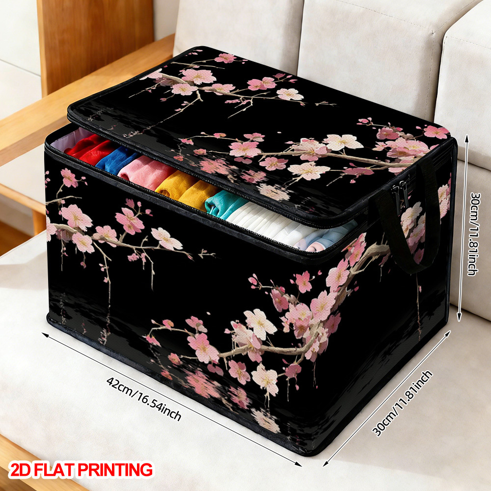 TEMU Spring Cherry Branch Print Storage Box | Large Capacity Foldable Storage Box, Soft Fabric Box With Lid, Durable Polyester Material, Zipper