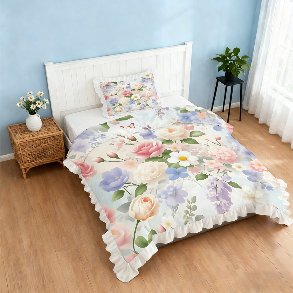 TEMU 2/3 Piecesfloral Edge Duvet Cover Set, In Multiple Sizes, Living, Soft And Skin-friendly, Machine Washable (1*duvet Cover   1/2*pillowcases, No