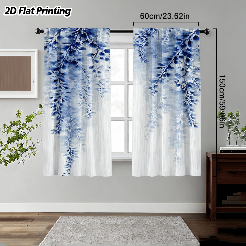 TEMU 2d Flat - 2d Flat - 2pcs 2d Flat Blue Hanging Leaves Printed Curtain | Elegant Rod Pocket Window For Living Room, Kitchen, Bedroom, Office,