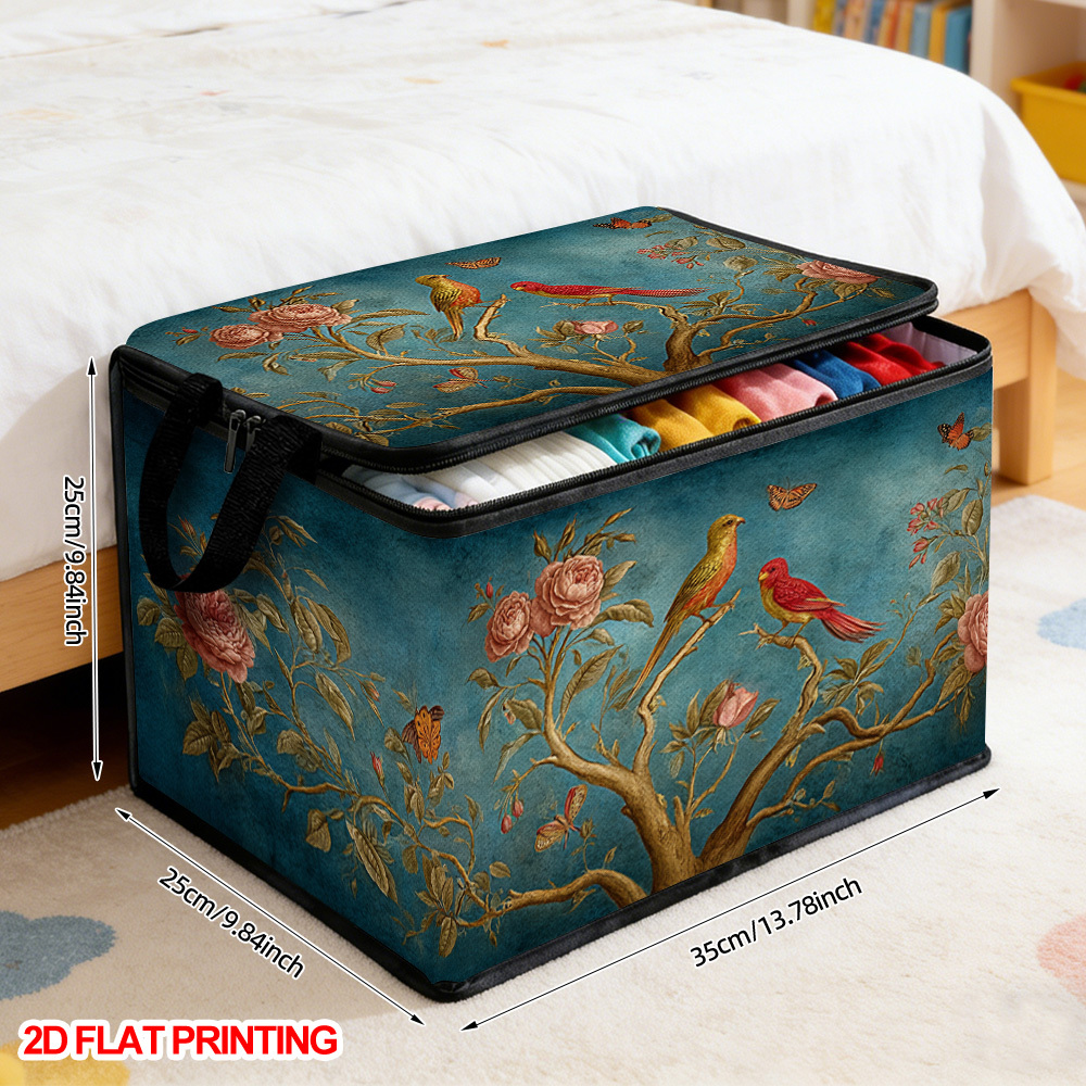 TEMU 1pc Floral Branches And Birds Print Storage Box | Durable Polyester Fabric, Foldable, Large Capacity With Soft Fabric Lidded Storage Bins,