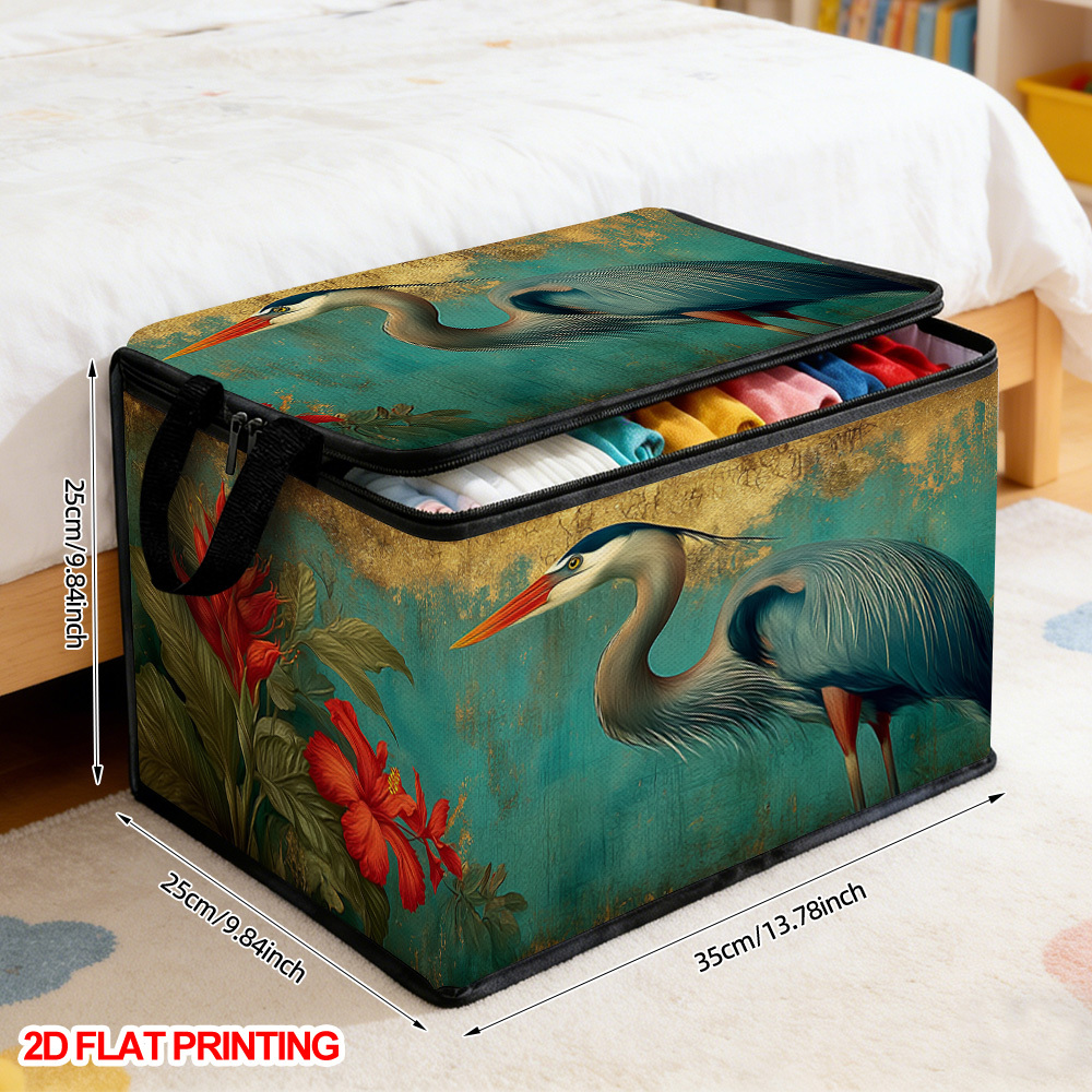 TEMU 1pc Elegant Heron And Red Flower Print Storage Box | Foldable Organizer With Soft Fabric Lidded Storage Bins Large Capacity, Durable Polyester