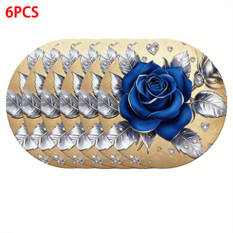 TEMU 4/6pcs Happy Valentine's Day Blue Roses With Silver Leaves And Diamond Embellishments 2d Print Design Placemats Kitchen Decor, Kitchen Decor And