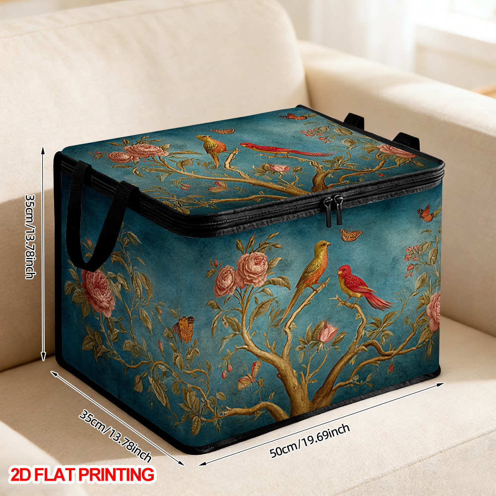 TEMU 1pc Floral Branches And Birds Print Storage Box | Durable Polyester Fabric, Foldable, Large Capacity With Soft Fabric Lidded Storage Bins,