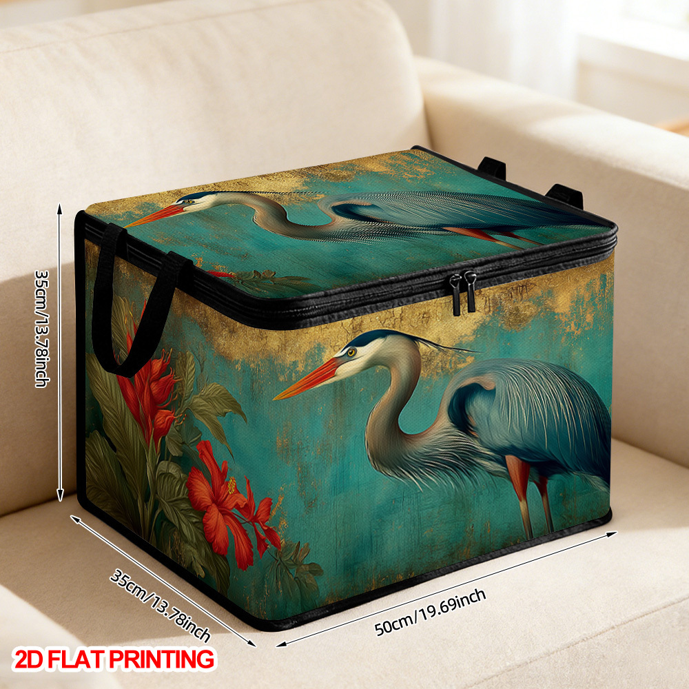 TEMU 1pc Elegant Heron And Red Flower Print Storage Box | Foldable Organizer With Soft Fabric Lidded Storage Bins Large Capacity, Durable Polyester