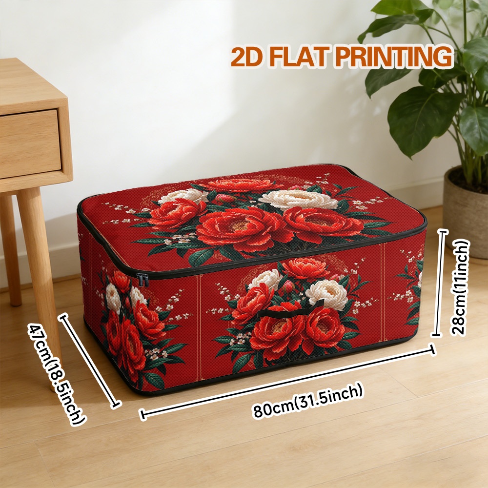 TEMU 1pc Chinese New Year Peonies Storage Box With Oxford Cloth Cover & - Soft Fabric Suitable For Office, Bedroom, Under-bed Storage, Multi- For