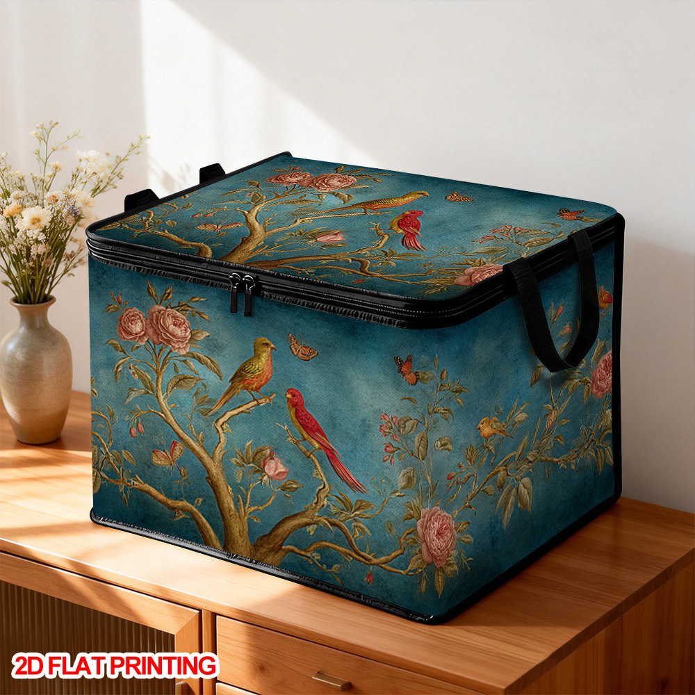  . aufbewahrungsbox mit blumenästen und vogeldruck | strapazierfähiges polyestergewebe, faltbar, großes fassungsvermögen mit aufbewahrungsboxen mit weichem stoffdeckel, reißverschlussdeckel, ideal für kleidung, decken und kissen, zeitgemäße wohnraumaufbewahrung, starker reißverschluss,   geschenk