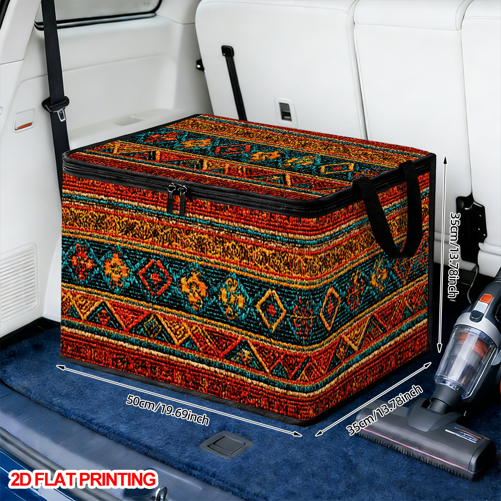 TEMU 1pc Geometric Floral Stripes Print Storage Box | Foldable Large Capacity Organizer With Soft Fabric Lidded Storage Bins, Zippered Lid, Durable