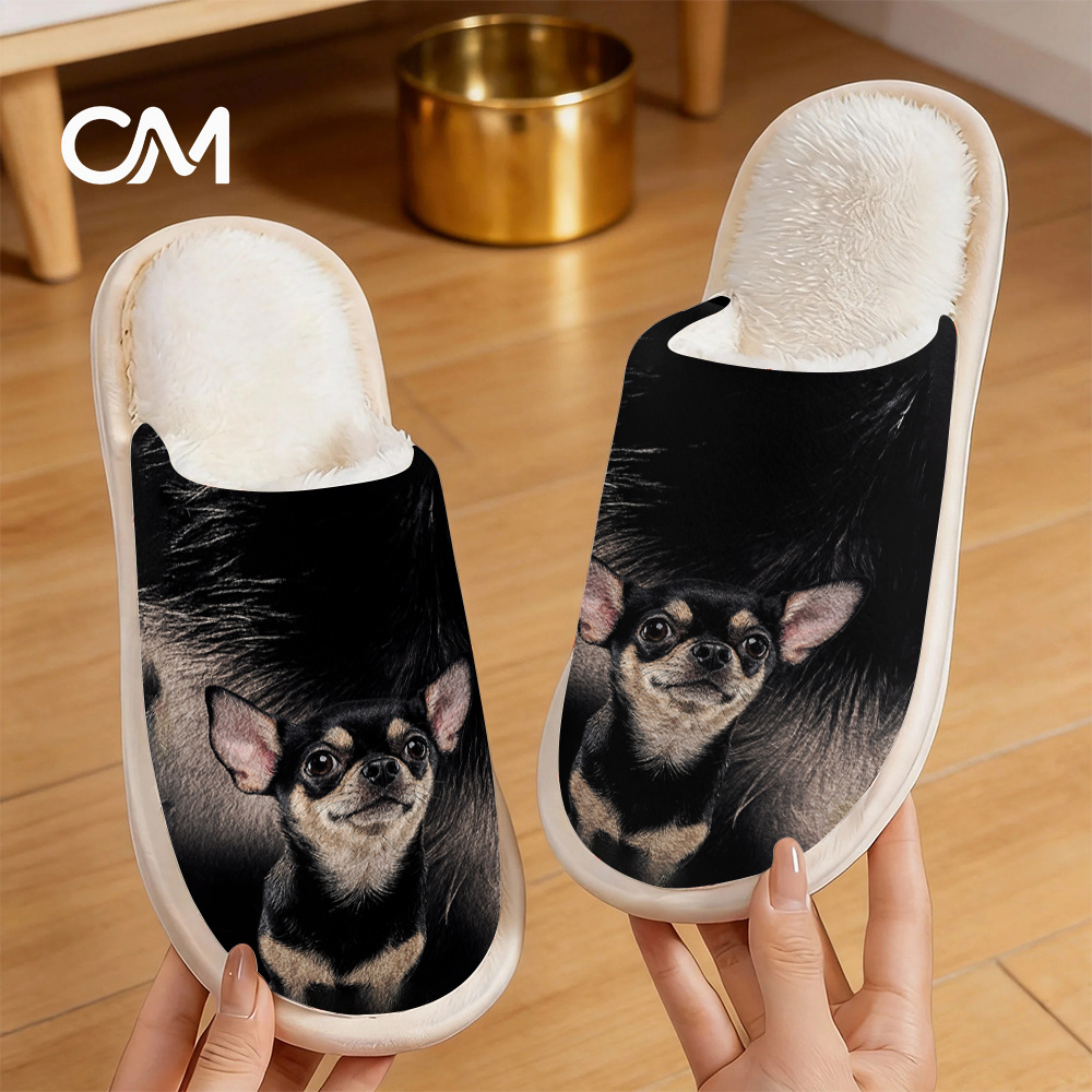 TEMU Chihuahua Patterned Home Shoes With Plush Lining And Non-slip Soles, Soft And Warm Winter Indoor/outdoor Slippers, Machine Washable Comfortable