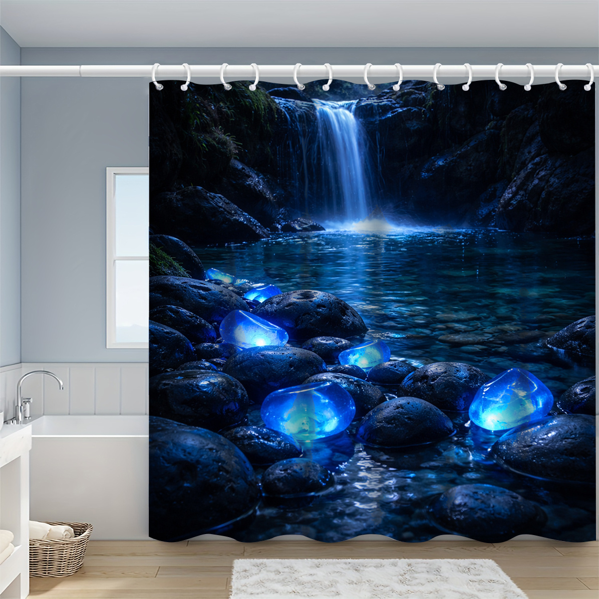 TEMU 1pc Glowing Blue Stones By Waterfall Shower Curtain, Bathroom Decor, Options (120x180cm, 150x180cm, 180x180cm, 180x200cm, 200x240cm), Includes
