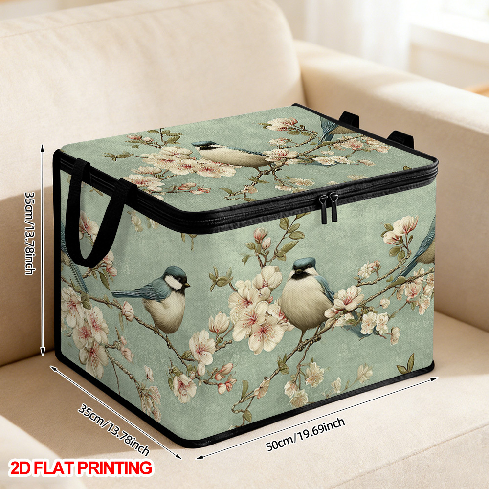 TEMU 1pc Spring Birds And Blossoms Collapsible Laundry Basket With Lidded Storage Bins Zippered Lid - Soft Fabric Heavy-duty Polyester Storage Bin,