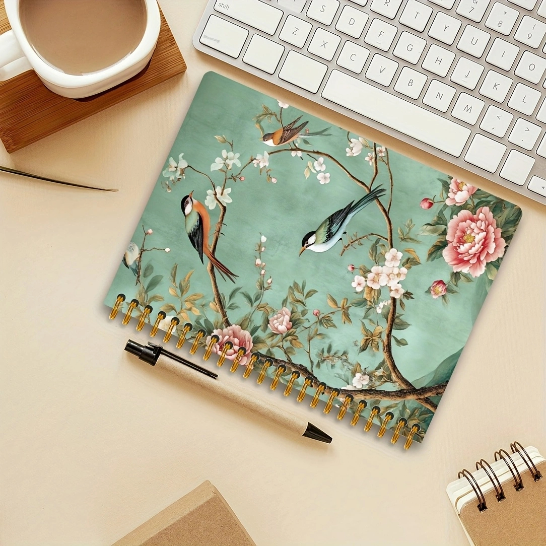 TEMU 1 A5 Spiral-bound Notebook, Exquisite Floral And Bird Art Notebook, Spiral-bound Notebook, College-ruled Notebook, Hardcover Diary Notebook,