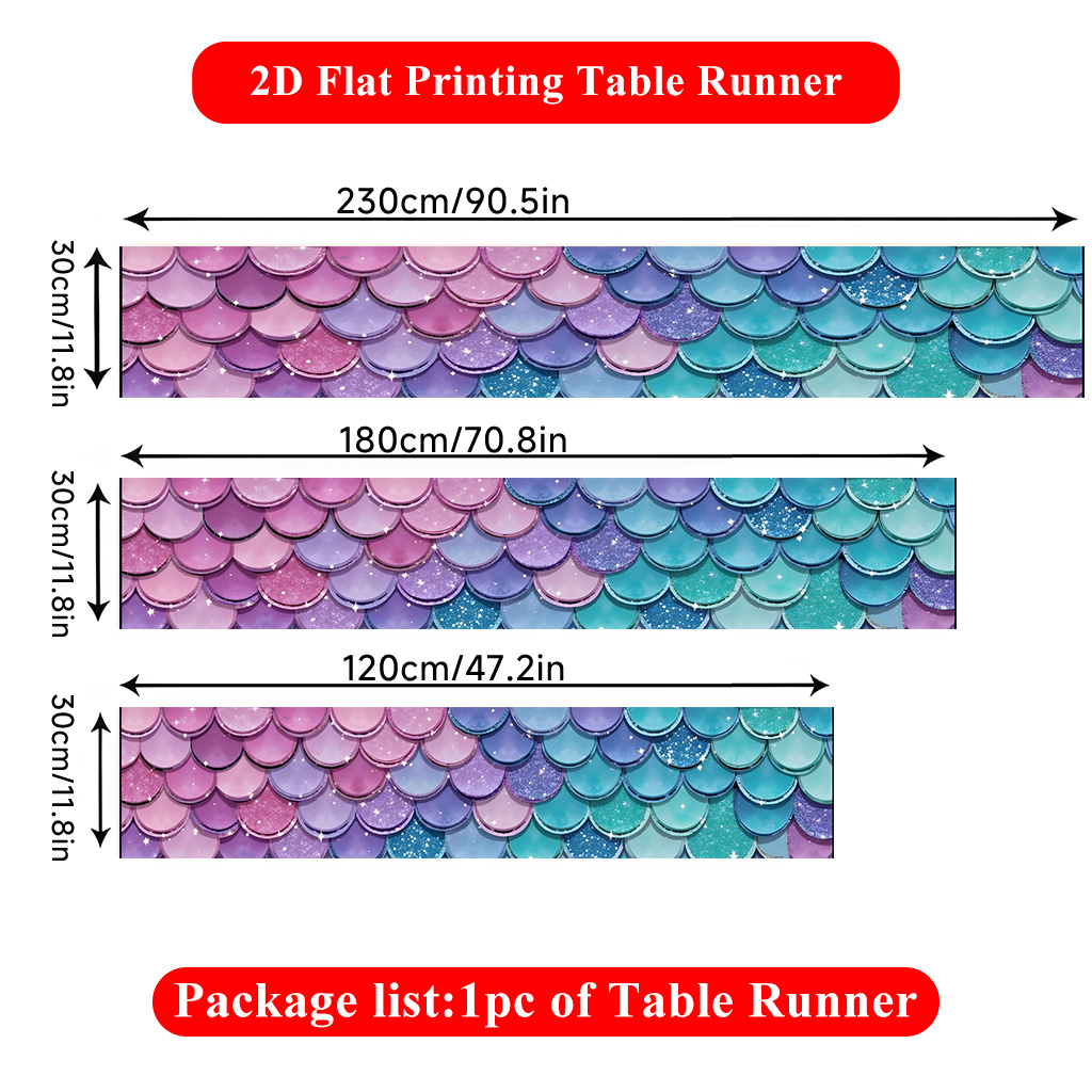TEMU 2D Plat Bedrukte Tafelrunner 1 stuk, Zeemeermin Gekleurd Polyester Rechthoekige Tafelrunner, voor Eettafel, Woondecoratie, Salontafel, Levendige