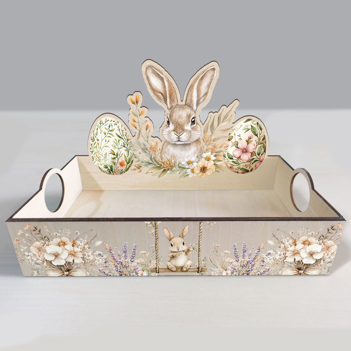 1 Set Wooden Storage Basket With Easter Bunny, Eggs & Flowers Design Basket & Holiday Decoration Showcasing Spring Vitality & Carved Texture