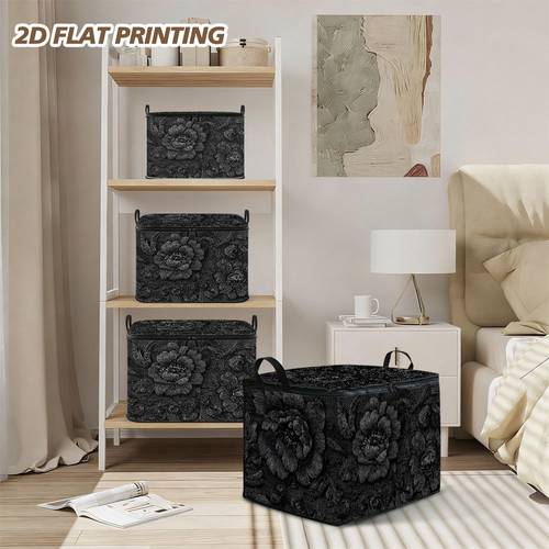 1 stuks elegante zwarte bloemmotief opvouwbare wasmand | zacht oxford-doek, klapdeksel, inklapbare vierkante opbergbak voor thuis, camping, auto, kantoor – ruimtebesparend, perfect voor , studentenkamer en wasbehoeften