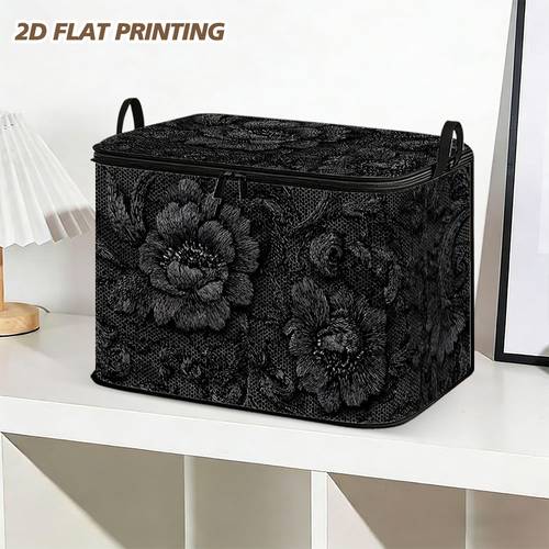 1 stuks elegante zwarte bloemmotief opvouwbare wasmand | zacht oxford-doek, klapdeksel, inklapbare vierkante opbergbak voor thuis, camping, auto, kantoor – ruimtebesparend, perfect voor , studentenkamer en wasbehoeften