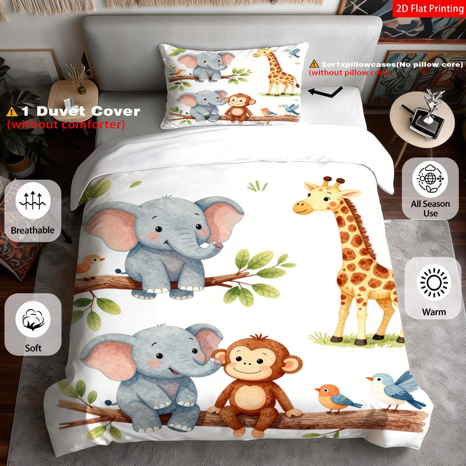 TEMU 2/3pcs 2d Flat Printing Cute Animal Themed Bedding, Blue/yellow/green, Elephant Giraffe Monkey Bird Print, For Nursery Bedroom Decor(1*duvet