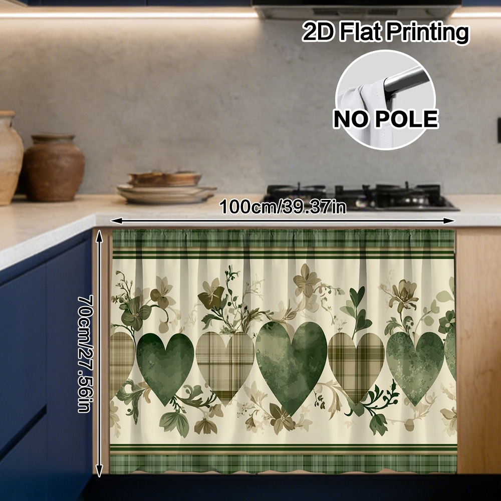 TEMU 2d Flat - 2d Flat - 2d Flat Kitchen Decorative Cabinet Curtain | ' Hearts Floral Pattern, Rod , Easy, Machine Washable, Semi-sheer Polyester