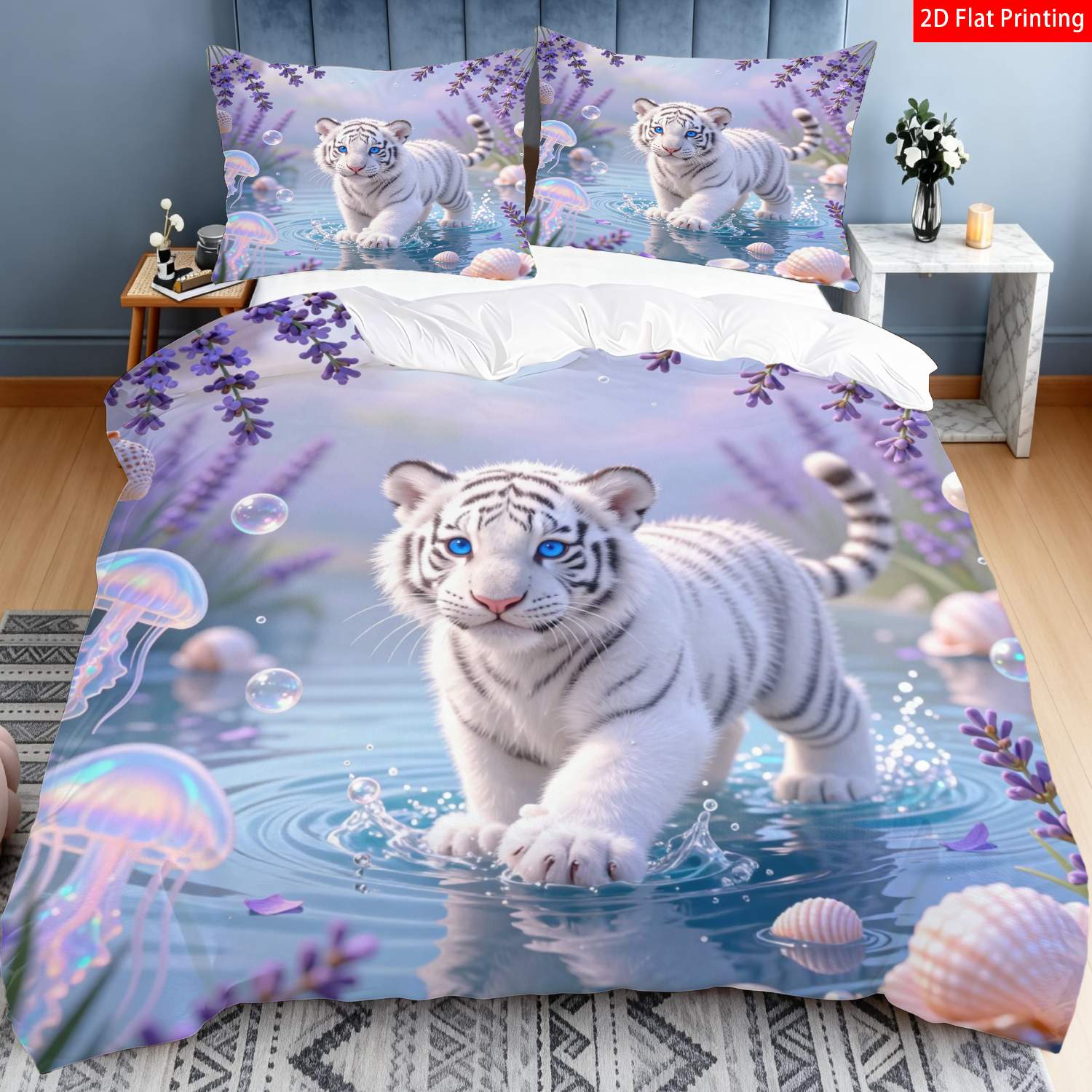 TEMU 2/3pcs Of Modern Minimalist Animal-themed Bedding Featuring A White, Blue, And Lavender Design With , Shells, And Bubbles, Perfect For Bedroom
