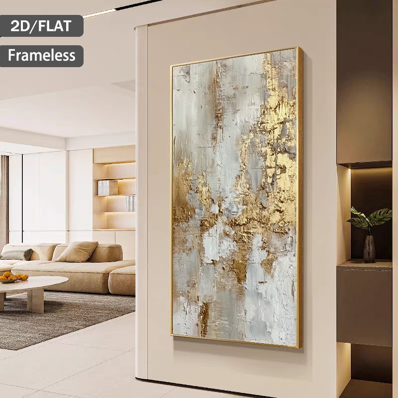 2d flat posters prints 2d flat art 2d flat painting a 2d frameless artwork measuring 31 49 inches x 62 99 inches or 80cm x 160cm featuring a modern   with golden and gray textured elements this canvas print   used as wall